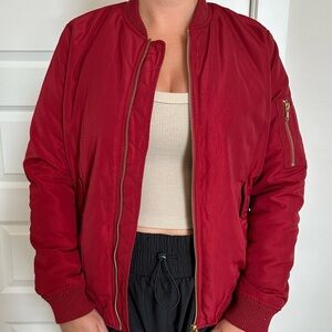 NWOT Olivia Grey Cranberry Red Bomber Jacket Gold Hardware Size XS. *Never worn*